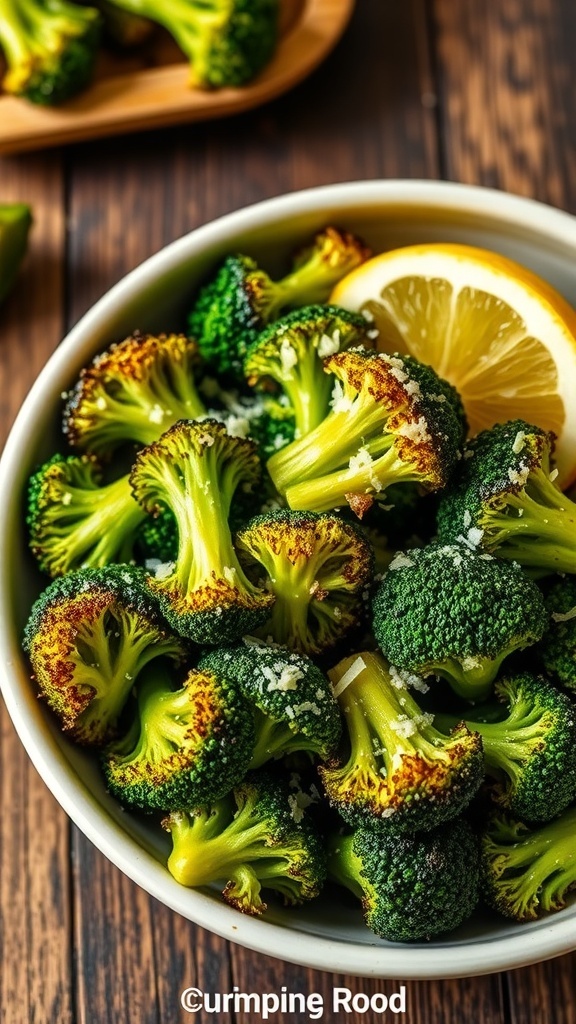 Crispy air fryer broccoli garnished with Parmesan cheese and lemon on a rustic table.